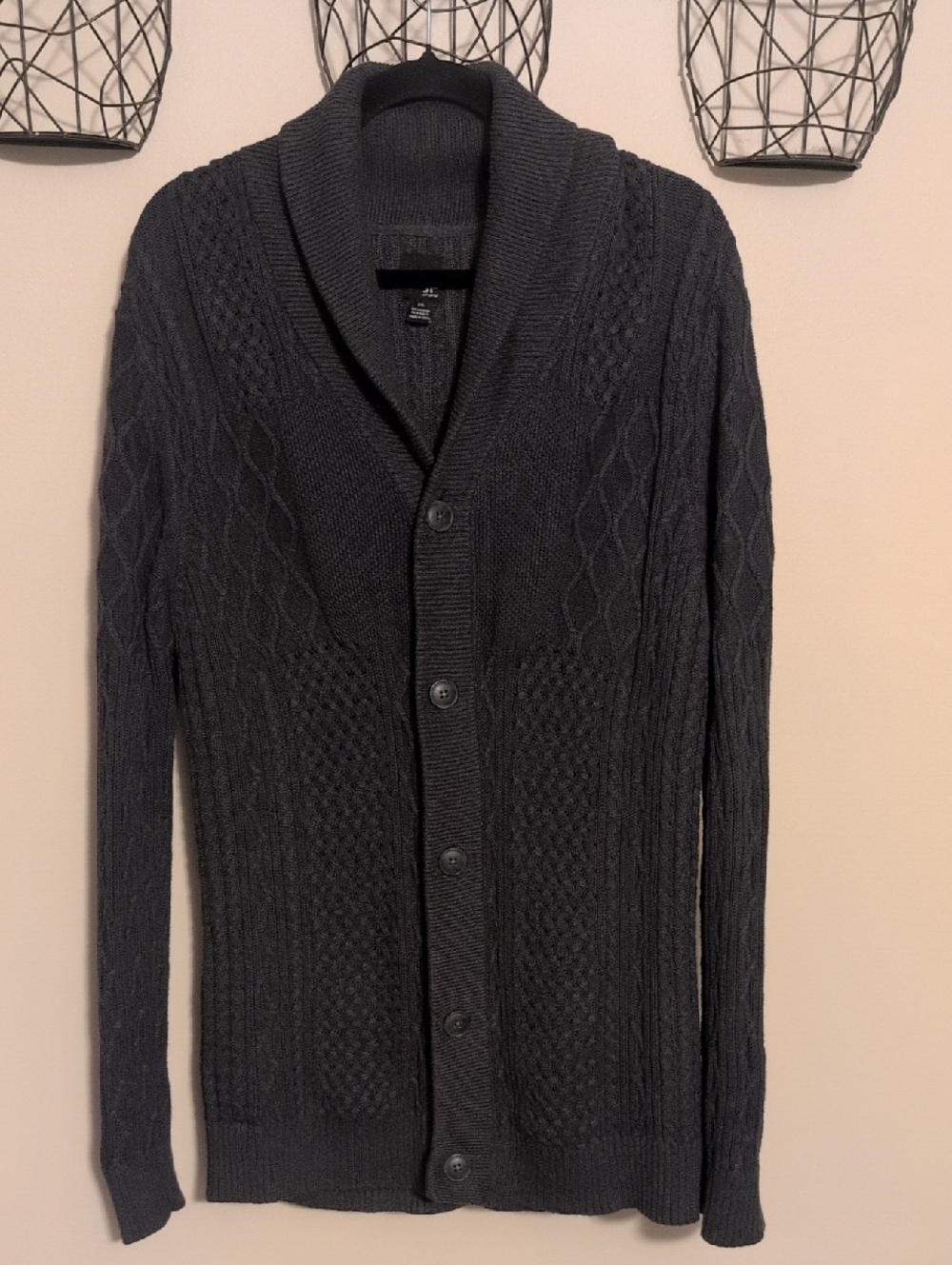 jf j.ferrar Men's Shawl Collar Cable Cardigan Cotton Charcoal Gray